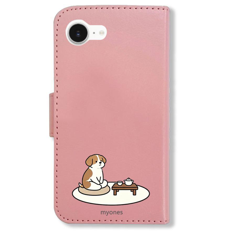 Google pixel9a 手帳型(ピンクxお茶を楽しむ犬) 犬 いぬ 和風 お茶 畳