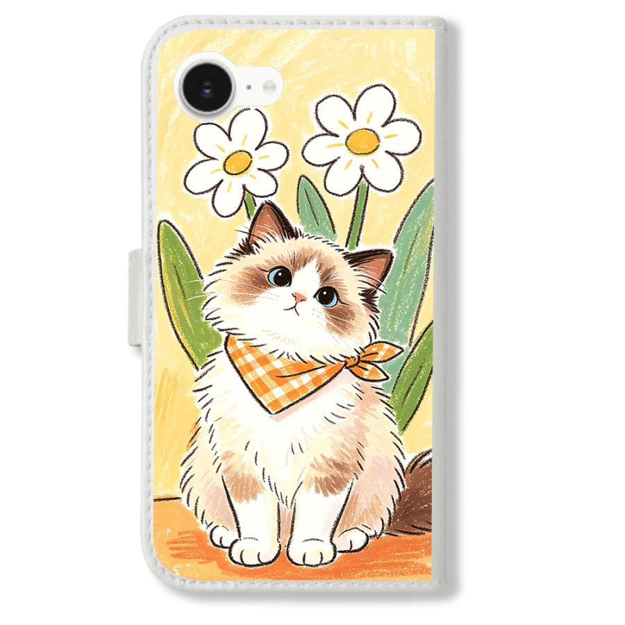Google pixel9a 手帳型(ホワイトxラグドール猫と白い花) 猫 ねこ 茶