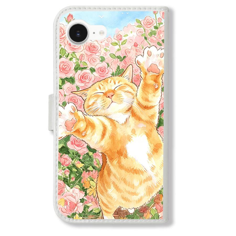 Google pixel9a 手帳型(ホワイトx茶トラ猫とバラ) 水彩画風 猫 可愛い