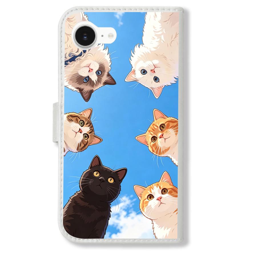 スマホ猫 Google pixel9a 手帳型(ホワイトx覗き見にゃんこ達) 覗き込む猫 青空
