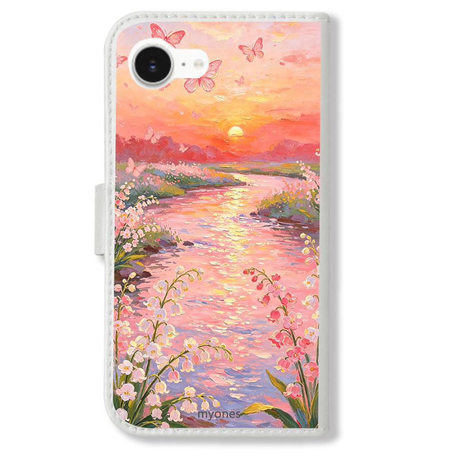 Google pixel9a 手帳型(ホワイトx夕焼け空) 鈴蘭 油絵風 すずらん