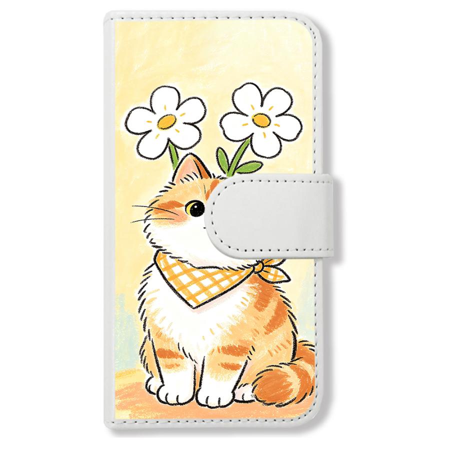 SC-02L 手帳型(ホワイトx茶トラ猫と白い花) 猫 ねこ 茶トラ 花