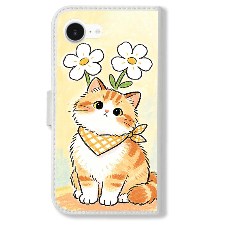 SC-02L 手帳型(ホワイトx茶トラ猫と白い花) 猫 ねこ 茶トラ 花