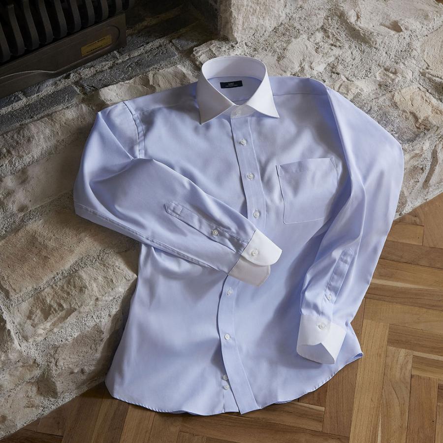 ワイシャツ メンズ 長袖 綿100％ 形態安定 クレリック セミワイドカラー ピンオックス ブルー SHIRT MAKER CHOYA｜ss1946｜09