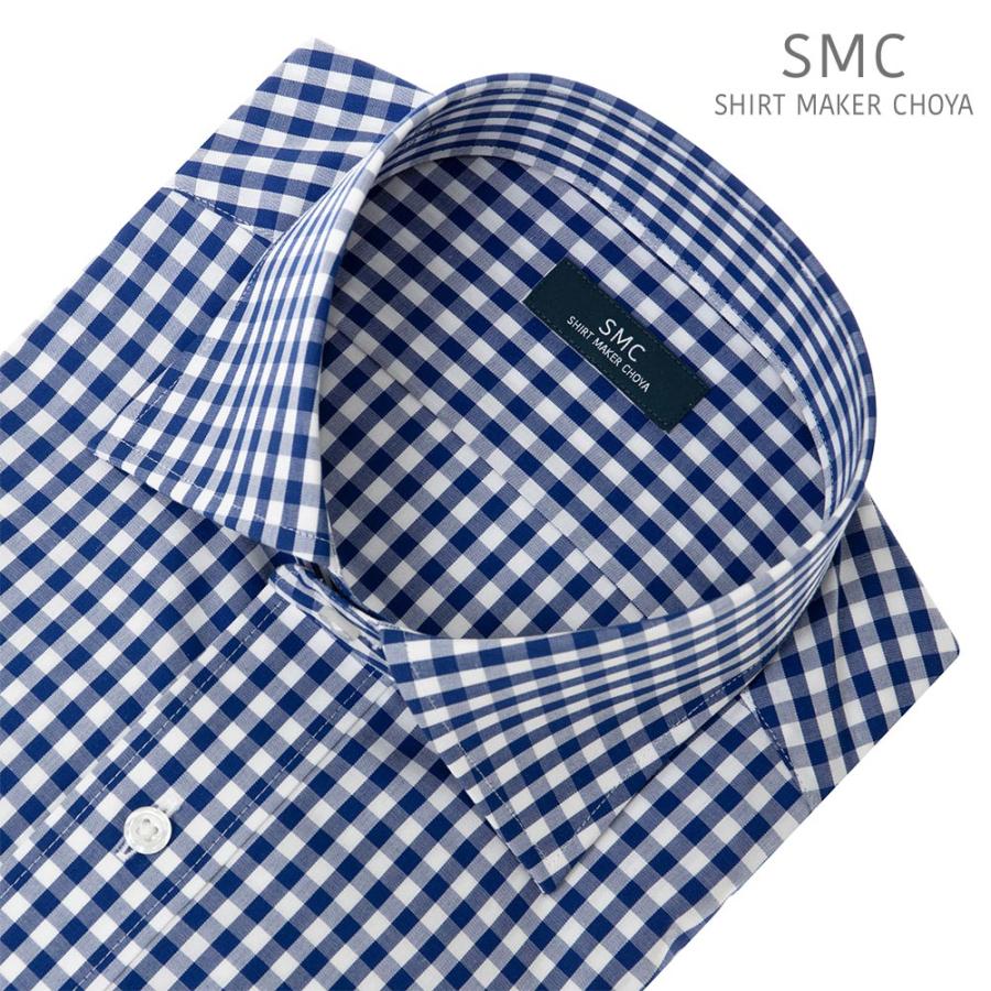 SMC ワイシャツ メンズ 長袖 綿100％ 形態安定 ネイビー ギンガム