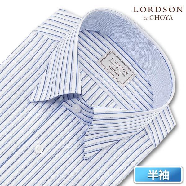 LORDSON Yシャツ 半袖 ワイシャツ メンズ形態安定 ブルーストライプ