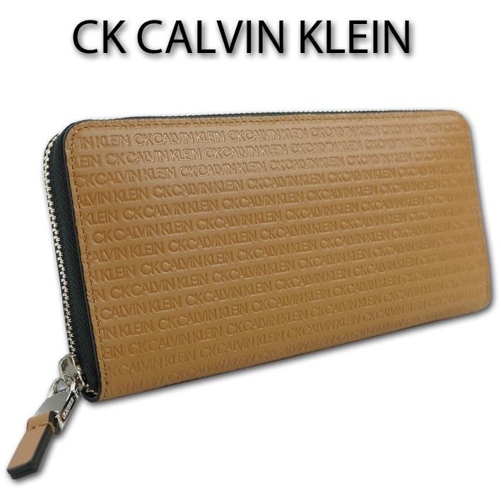 CKカルバンクライン 値頃 CK CALVIN KLEIN 牛革 メンズ キャメル リピート 長財布 とっておきし福袋 ラウンドファスナー