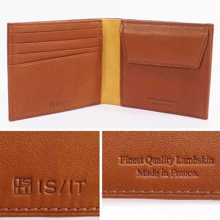 イズイット IS/IT ラムレザー 二つ折り財布 マーノ キャメル メンズ 定価25,300円 羊革 コンパクト 軽量 薄型 | IS/IT | 01