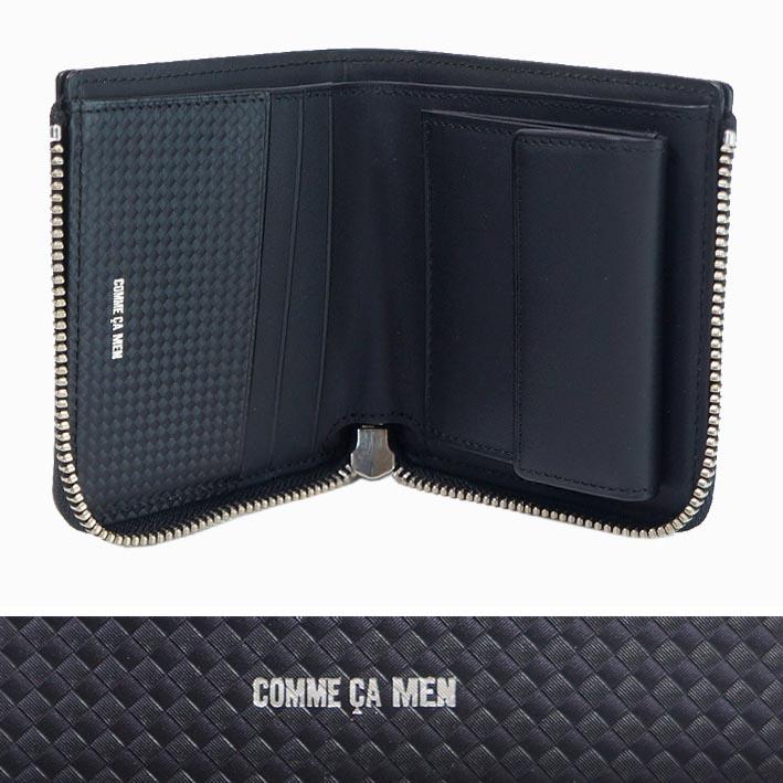 箱なし コムサメン COMME CA MEN 牛革 L字ファスナー 二つ折り財布 ブロック ブラック 黒 メンズ レザー ブロックチェック 薄型 スリム スマート 定価13,200円 | COMME CA MEN | 01