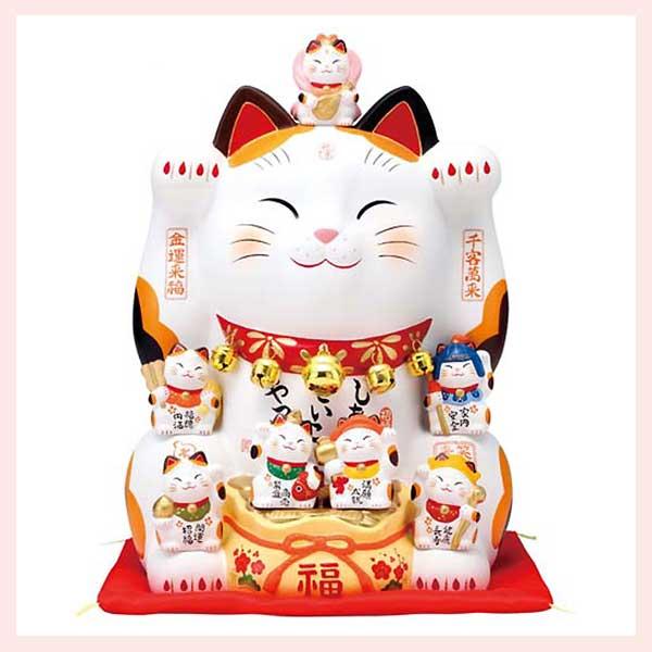 赤絵市松猫 招き猫 瀬戸焼 右 まねきねこ 置物 縁起物 瀬戸焼招き猫