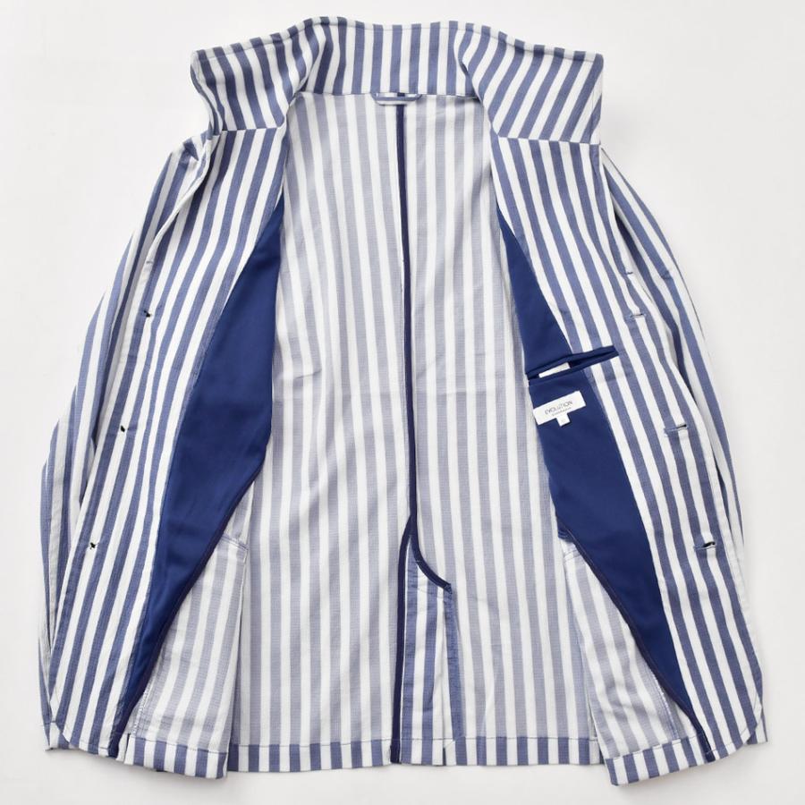 サマージャケット メンズ イタリアンカラー ストライプ柄 夏 春 秋 薄手 タイト スタンドカラー シアサッカー ストレッチ ベージュ ブルー ネイビー 青 M L XL | EVOLUTION | 15