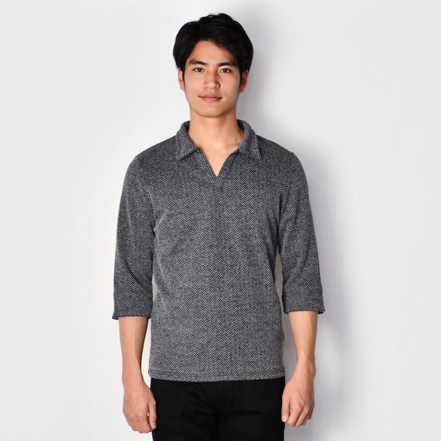 ポロシャツ メンズ イタリアンカラー 7分袖 春夏秋 スキッパー モード系 BITTER ビター 無地 シンプル ホワイト グレー ブラック 白 黒 ジャガード M L XL LL 2L | EVOLUTION | 11