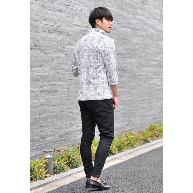 ポロシャツ メンズ イタリアンカラー 7分袖 春夏秋 スキッパー モード BITTER ビター 総柄 シンプル ホワイト ネイビー ブラック 白 紺 黒 ジャガード M L XL | EVOLUTION | 06