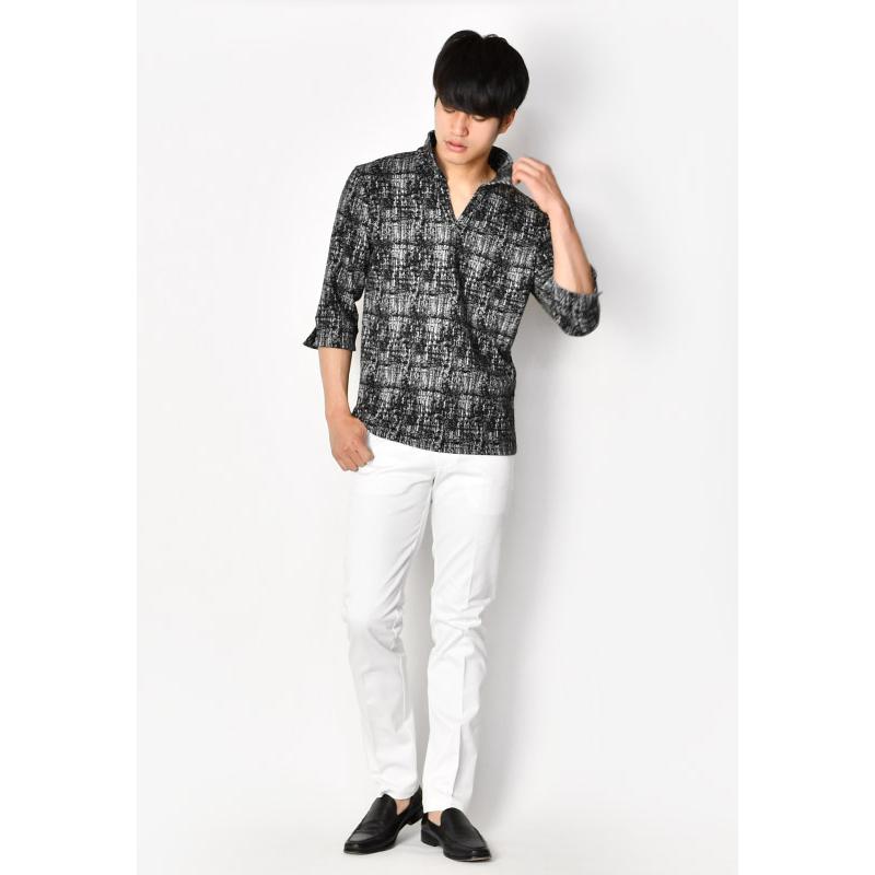 ポロシャツ メンズ イタリアンカラー 7分袖 春夏秋 スキッパー モード BITTER ビター 総柄 シンプル ホワイト ネイビー ブラック 白 紺 黒 ジャガード M L XL | EVOLUTION | 10