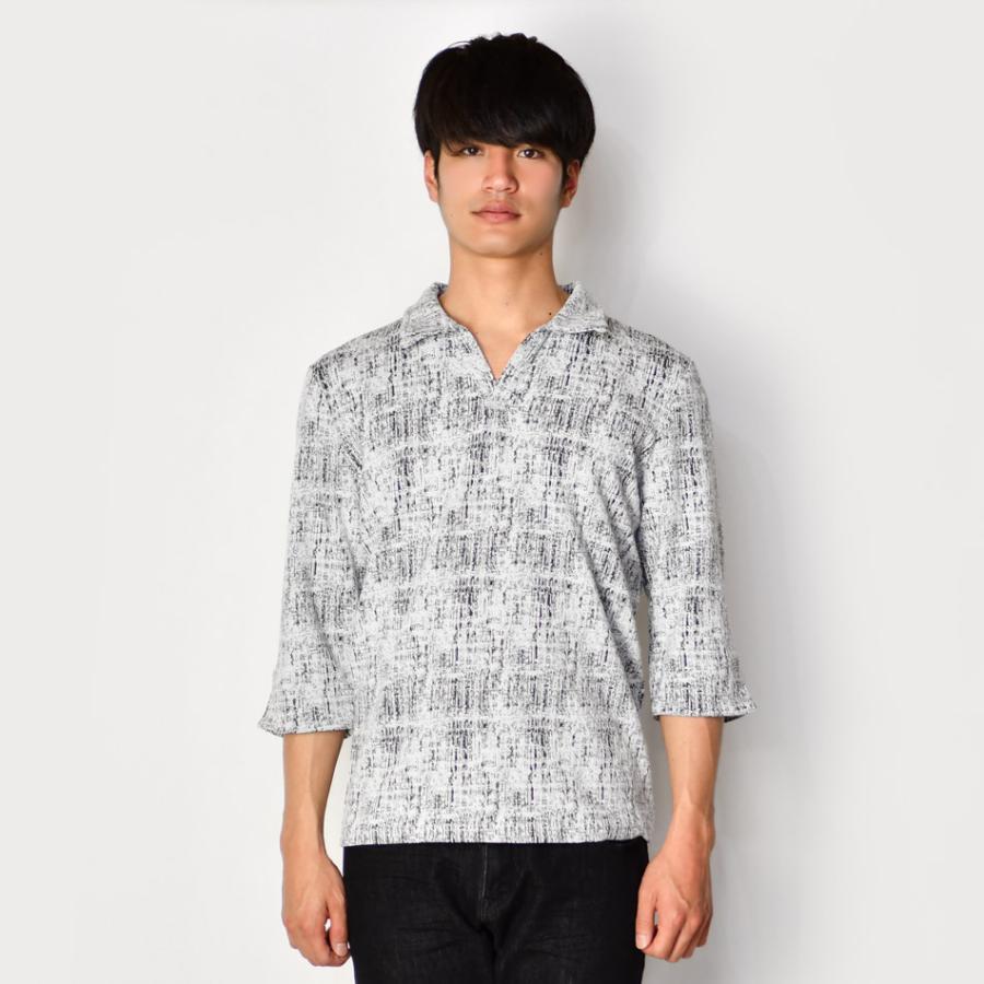 ポロシャツ メンズ イタリアンカラー 7分袖 春夏秋 スキッパー モード BITTER ビター 総柄 シンプル ホワイト ネイビー ブラック 白 紺 黒 ジャガード M L XL | EVOLUTION | 11