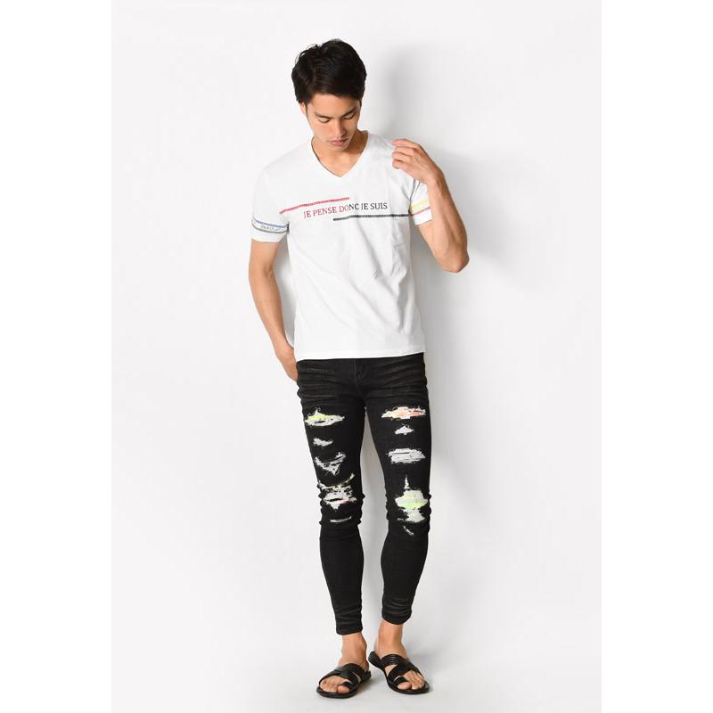 Tシャツ メンズ 半袖Tシャツ カットソー Vネック 刺繍 サーフ系 ビター系 お兄系 オラオラ系 細め 細身 タイト モード系 ホワイト ブラック 白 黒 M L XL LL 2L | EVOLUTION | 05