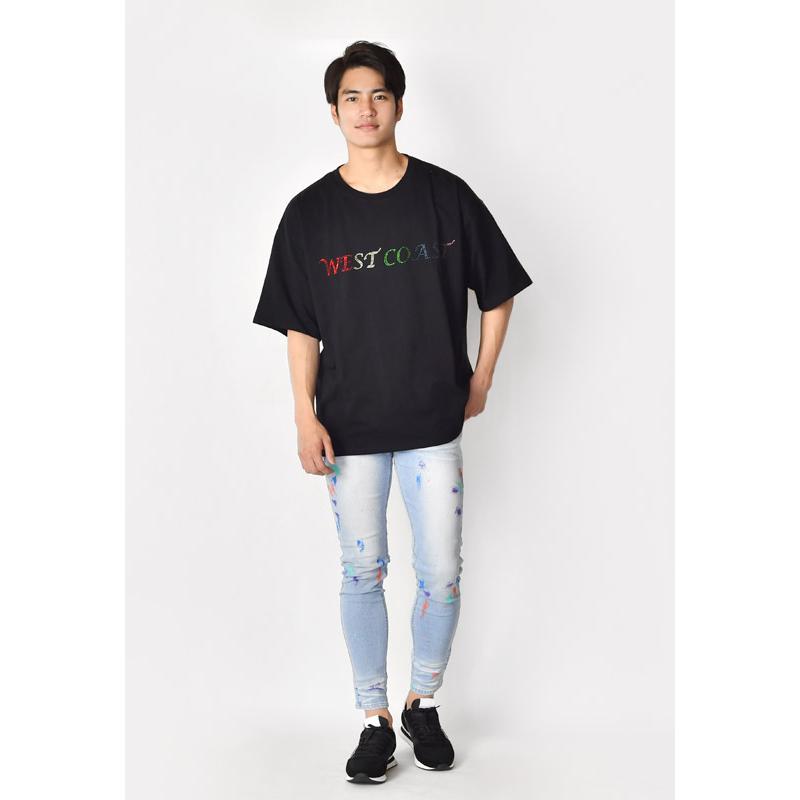 ビッグシルエット Tシャツ メンズ 半袖 大きいサイズ 韓国 モード ストリート系 サーフ ビター ラインストーン ロゴ ホワイト ブラック 白 黒 M L XL | EVOLUTION | 07