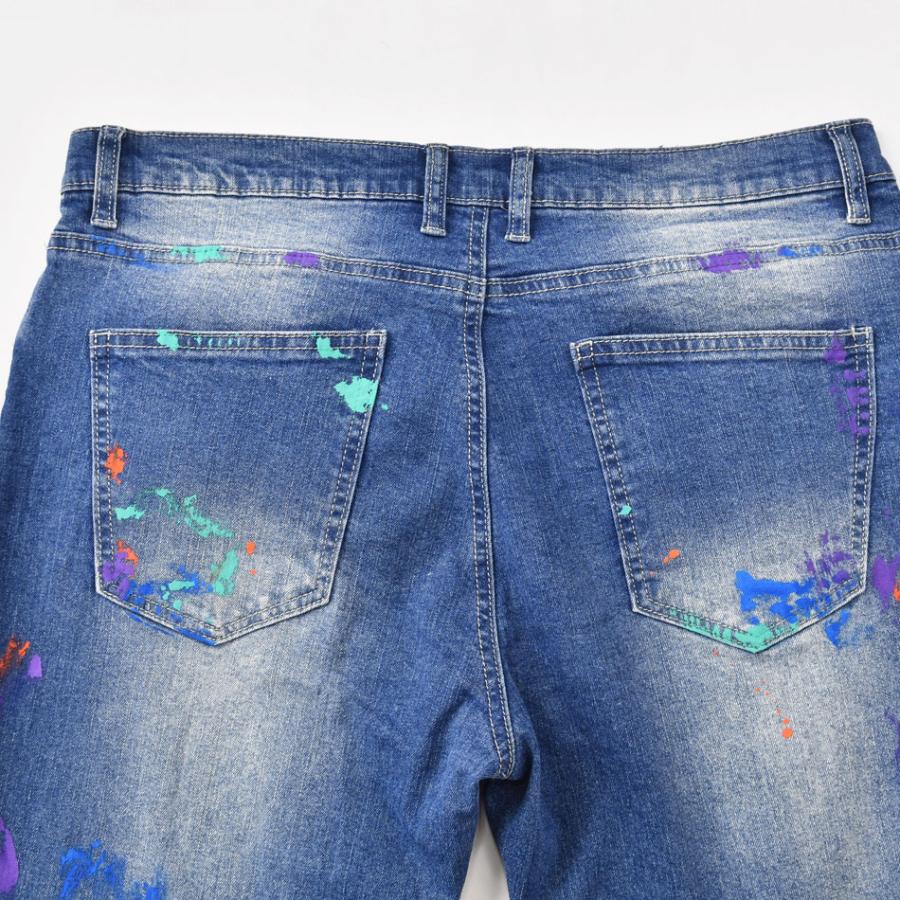 スキニー デニム ジーンズ メンズ アンクル丈 テーパードパンツ プリント ストリート ビター 韓国 黒 青 紺 ストレッチ サックス ブルー ブラック M L XL | EVOLUTION | 16