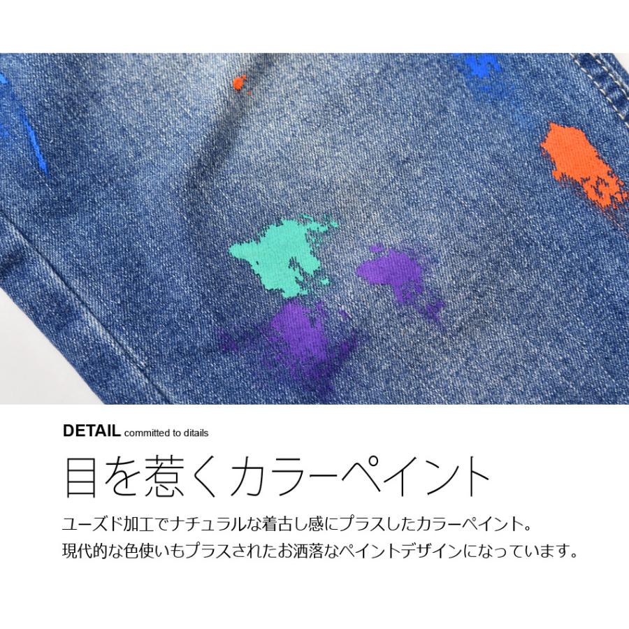 スキニー デニム ジーンズ メンズ アンクル丈 テーパードパンツ プリント ストリート ビター 韓国 黒 青 紺 ストレッチ サックス ブルー ブラック M L XL | EVOLUTION | 04