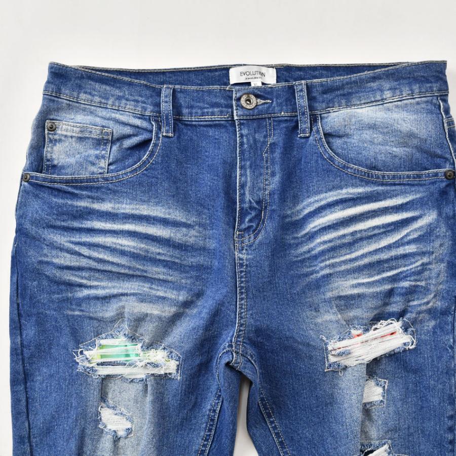 スキニー デニム ジーンズ メンズ アンクルパンツ クラッシュ加工 ユーズド加工 ストリート ビター 韓国 ブルー ストレッチ S | EVOLUTION | 15