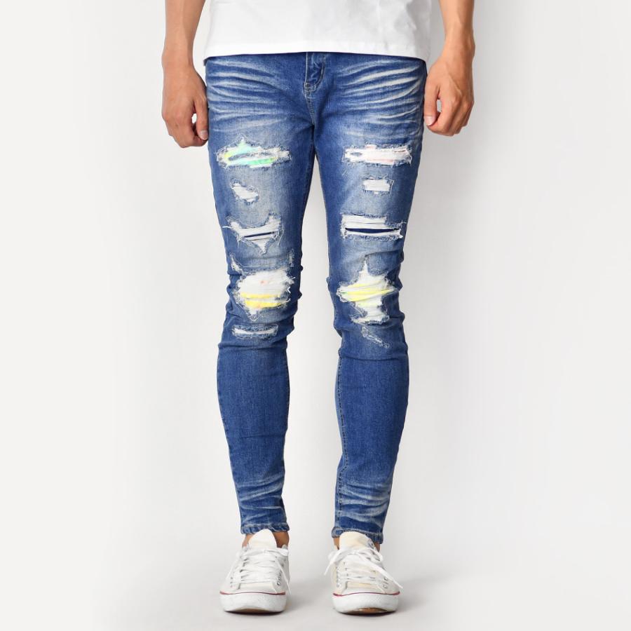 スキニー デニム ジーンズ メンズ アンクルパンツ クラッシュ加工 ユーズド加工 ストリート ビター 韓国 ブルー ストレッチ S | EVOLUTION | 11
