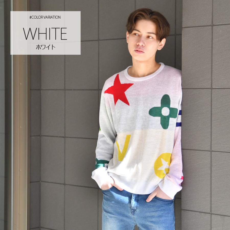 ニット メンズ セーター クルーネック 長袖 薄手 モノグラム ジャガード 春秋冬 ハイゲージ サーフ モード ビター オラオラ系 ホワイト ブラック 白 黒 M L XL | EVOLUTION | 04