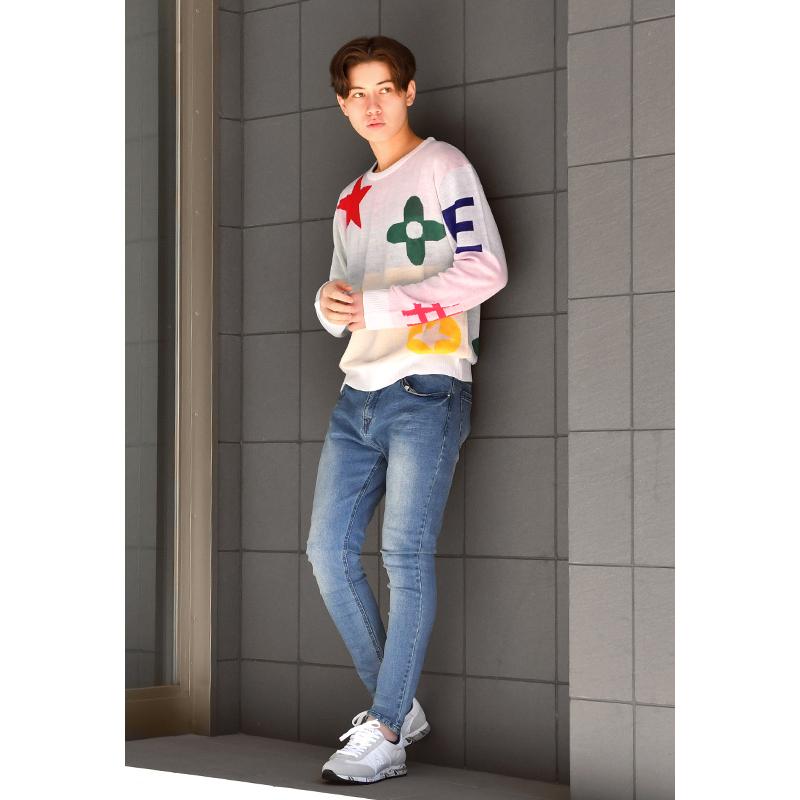 ニット メンズ セーター クルーネック 長袖 薄手 モノグラム ジャガード 春秋冬 ハイゲージ サーフ モード ビター オラオラ系 ホワイト ブラック 白 黒 M L XL | EVOLUTION | 05