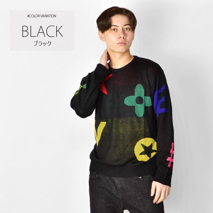 ニット メンズ セーター クルーネック 長袖 薄手 モノグラム ジャガード 春秋冬 ハイゲージ サーフ モード ビター オラオラ系 ホワイト ブラック 白 黒 M L XL | EVOLUTION | 06