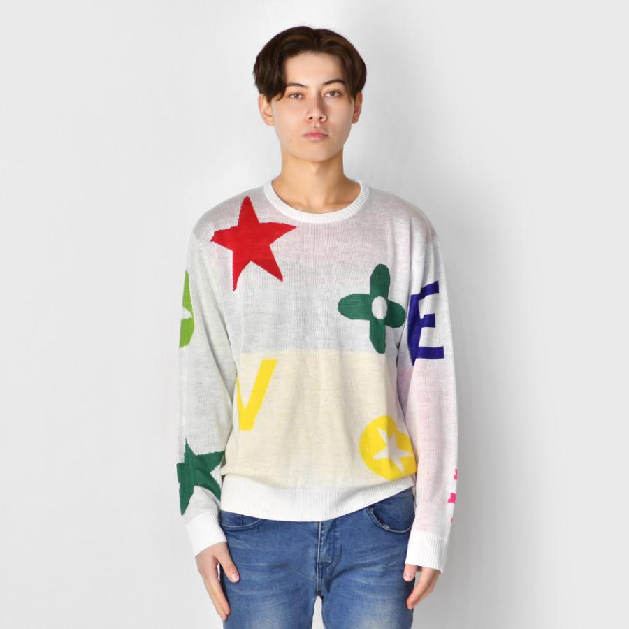 ニット メンズ セーター クルーネック 長袖 薄手 モノグラム ジャガード 春秋冬 ハイゲージ サーフ モード ビター オラオラ系 ホワイト ブラック 白 黒 M L XL | EVOLUTION | 08