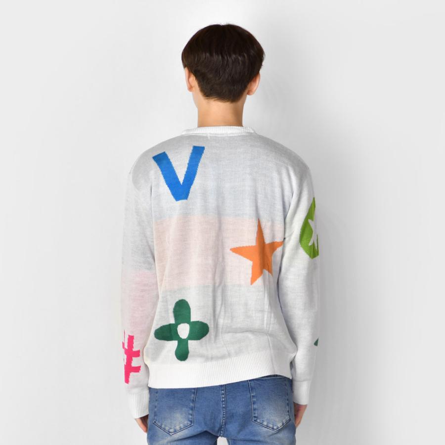 ニット メンズ セーター クルーネック 長袖 薄手 モノグラム ジャガード 春秋冬 ハイゲージ サーフ モード ビター オラオラ系 ホワイト ブラック 白 黒 M L XL | EVOLUTION | 09