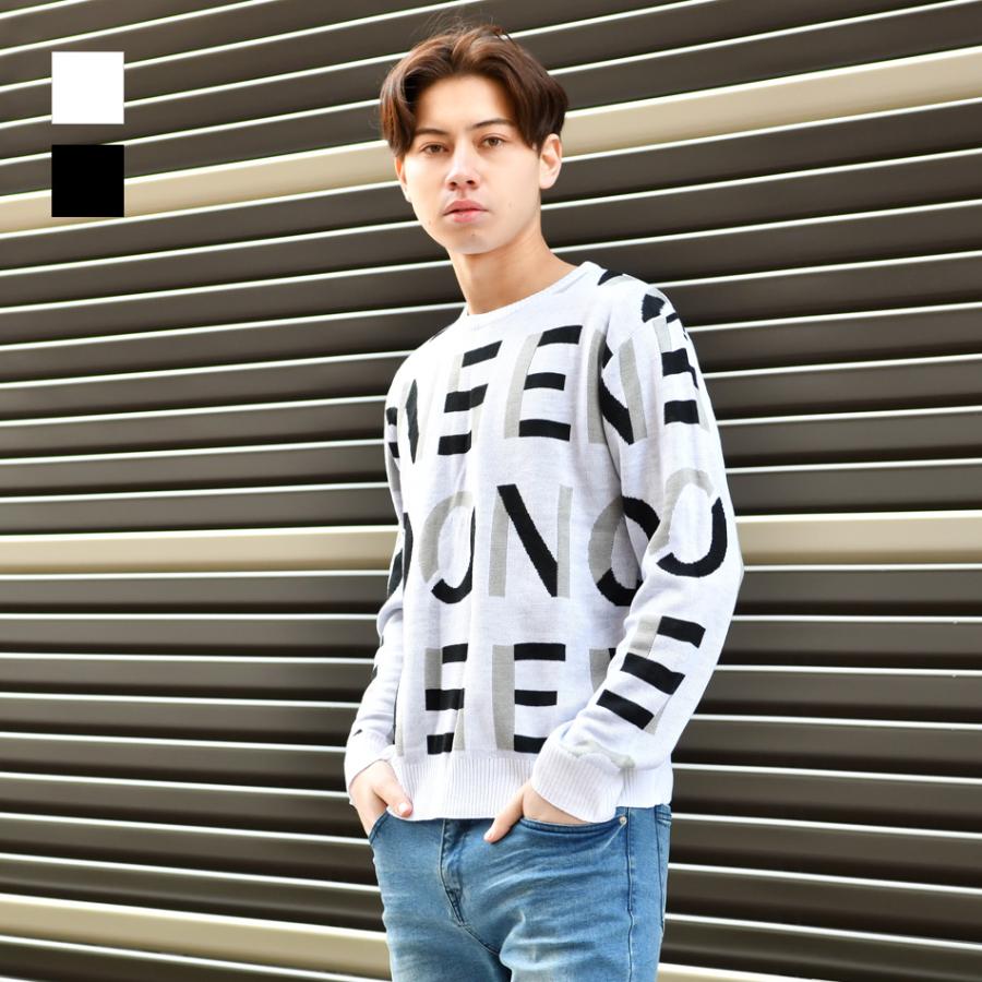 ニット メンズ セーター クルーネック 長袖 薄手 ロゴ 春秋冬 暖かい ハイゲージ サーフ モード ビター オラオラ お兄系 ホワイト ブラック 白 黒 M L | EVOLUTION