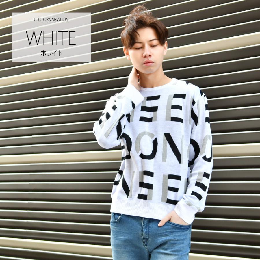 ニット メンズ セーター クルーネック 長袖 薄手 ロゴ 春秋冬 暖かい ハイゲージ サーフ モード ビター オラオラ お兄系 ホワイト ブラック 白 黒 M L | EVOLUTION | 04