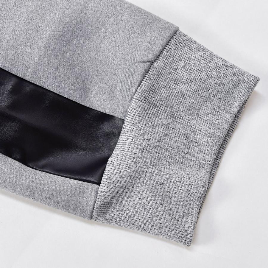 パーカー メンズ ジップパーカー 切替 フェイクレザー ライン ロゴ 春秋冬 ジムウエア モード系 サーフ系 ビター系 オラオラ系 グレー ブラック 黒 M L XL | EVOLUTION | 14