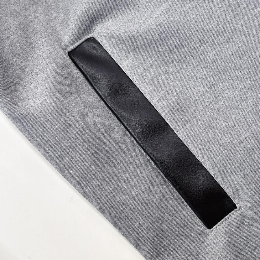 パーカー メンズ ジップパーカー 切替 フェイクレザー ライン ロゴ 春秋冬 ジムウエア モード系 サーフ系 ビター系 オラオラ系 グレー ブラック 黒 M L XL | EVOLUTION | 15