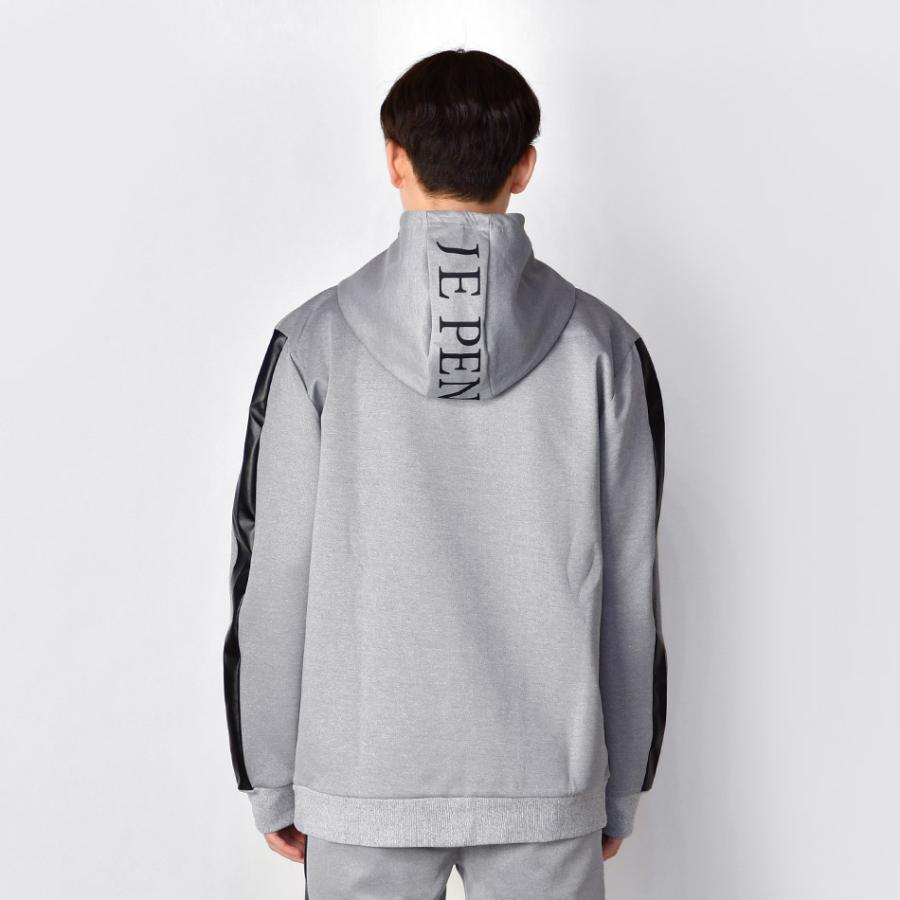 パーカー メンズ ジップパーカー 切替 フェイクレザー ライン ロゴ 春秋冬 ジムウエア モード系 サーフ系 ビター系 オラオラ系 グレー ブラック 黒 M L XL | EVOLUTION | 11