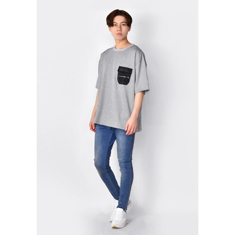 ビッグシルエット tシャツ メンズ 半袖 クルーネック ポンチ ストリート系 サーフ系 ビター系 韓国ファッション グレー モカ ブラック 黒 ポケット M L XL LL 2L | EVOLUTION | 07
