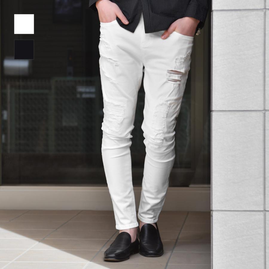 スキニーパンツ メンズ ストレッチパンツ ユーズド加工 タイト 細め 伸縮 伸びる アメカジ サーフ ビター オラオラ系 お兄系 白 黒 ホワイト ブラック S M L XL | EVOLUTION