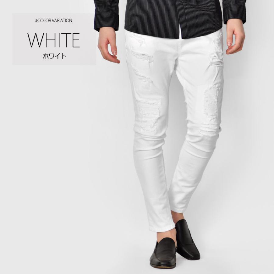 スキニーパンツ メンズ ストレッチパンツ ユーズド加工 タイト 細め 伸縮 伸びる アメカジ サーフ ビター オラオラ系 お兄系 白 黒 ホワイト ブラック S M L XL | EVOLUTION | 05