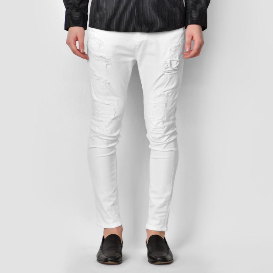 スキニーパンツ メンズ ストレッチパンツ ユーズド加工 タイト 細め 伸縮 伸びる アメカジ サーフ ビター オラオラ系 お兄系 白 黒 ホワイト ブラック S M L XL | EVOLUTION | 09