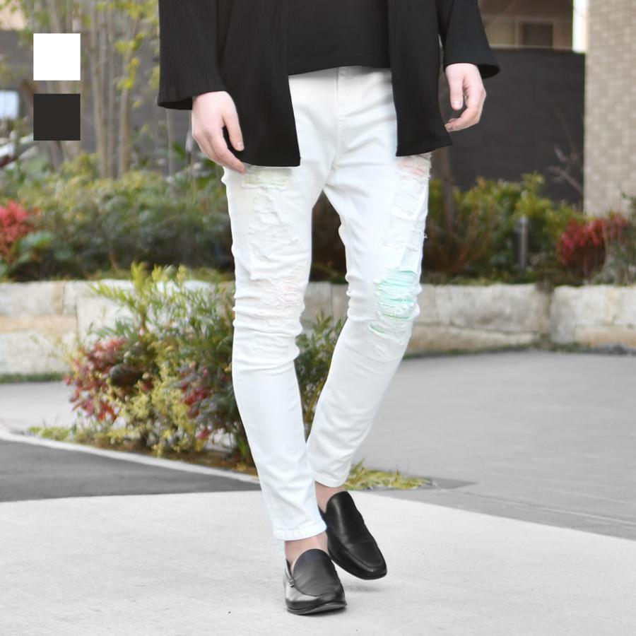 スキニーパンツ メンズ ストレッチ アンクルパンツ ユーズド加工 タイト 細め アメカジ サーフ系 ビター系 オラオラ系 お兄系 白 黒 ホワイト ブラック S M L XL | EVOLUTION