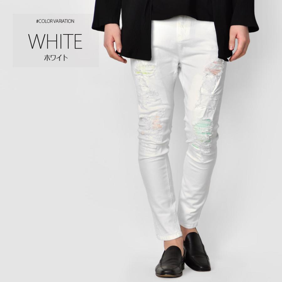 スキニーパンツ メンズ ストレッチ アンクルパンツ ユーズド加工 タイト 細め アメカジ サーフ系 ビター系 オラオラ系 お兄系 白 黒 ホワイト ブラック S M L XL | EVOLUTION | 05