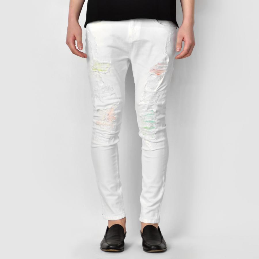 スキニーパンツ メンズ ストレッチ アンクルパンツ ユーズド加工 タイト 細め アメカジ サーフ系 ビター系 オラオラ系 お兄系 白 黒 ホワイト ブラック S M L XL | EVOLUTION | 09