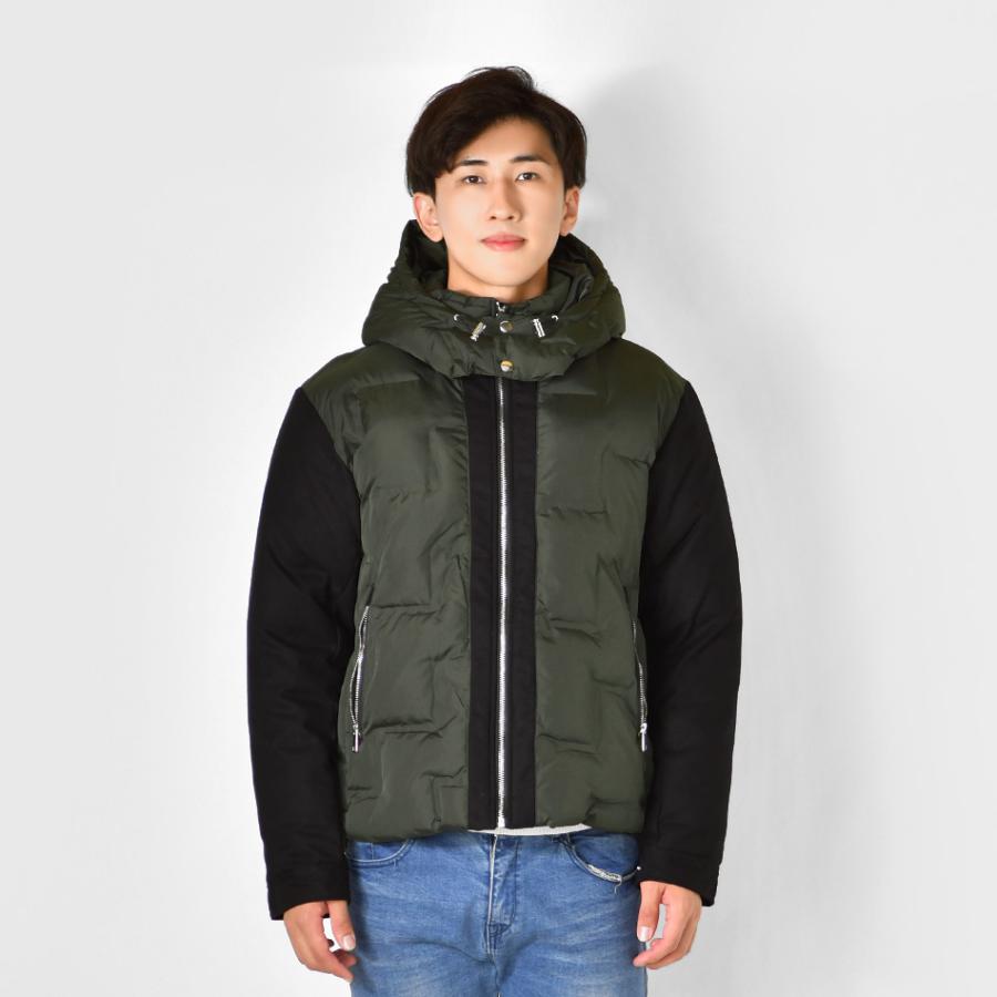 ダウンジャケット メンズ シームレス 中綿 撥水 切替 秋冬 黒 カーキ ブラック フード取り外し可 モード系 ストリート サーフ アウトドア キャンプ 軽い M L XL | EVOLUTION | 10