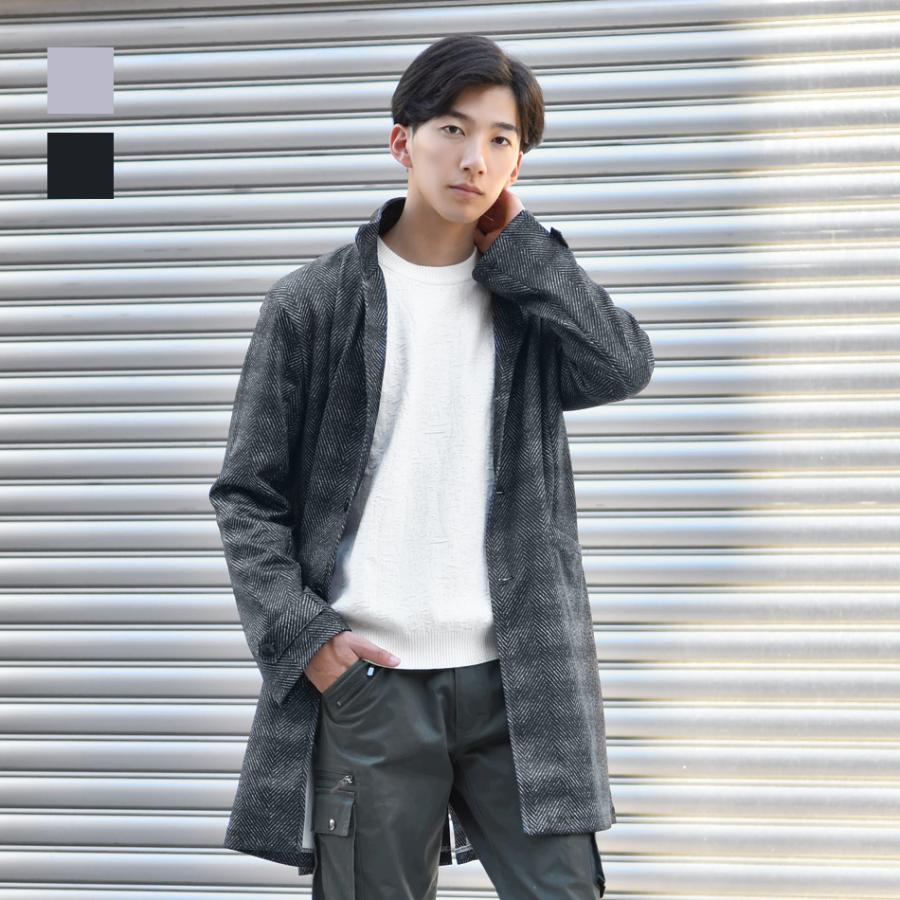 コート メンズ スタンドカラー 春秋冬 スプリングコート ストレッチ 総柄 裏地なし 薄め モード ビター オラオラ系 グレー ブラック ヘリンボーン M L XL | EVOLUTION