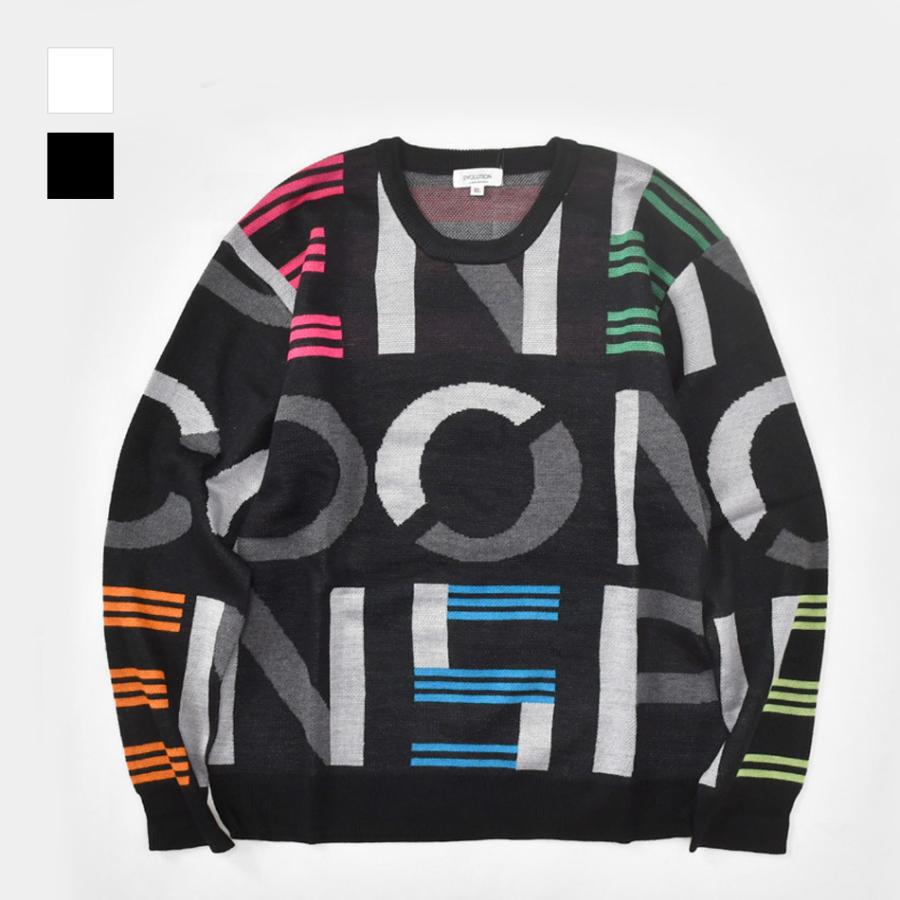 ニット メンズ セーター 長袖 春秋冬 ロゴ 総柄 ハイゲージ クルーネック 韓国ファッション ゴルフウエア モード系 オラオラ系 白 黒 ホワイト ブラック M L X | EVOLUTION