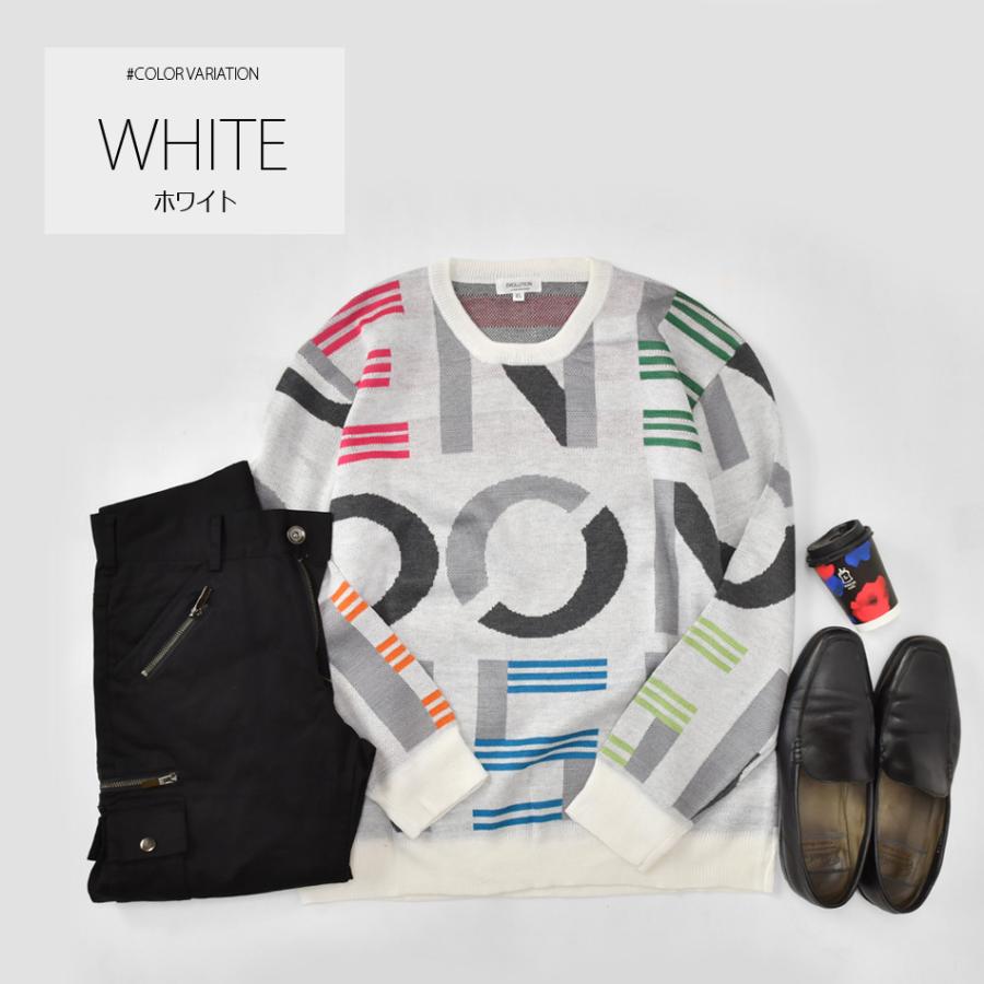 ニット メンズ セーター 長袖 春秋冬 ロゴ 総柄 ハイゲージ クルーネック 韓国ファッション ゴルフウエア モード系 オラオラ系 白 黒 ホワイト ブラック M L X | EVOLUTION | 04