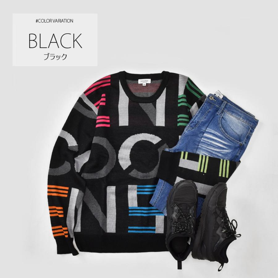 ニット メンズ セーター 長袖 春秋冬 ロゴ 総柄 ハイゲージ クルーネック 韓国ファッション ゴルフウエア モード系 オラオラ系 白 黒 ホワイト ブラック M L X | EVOLUTION | 05