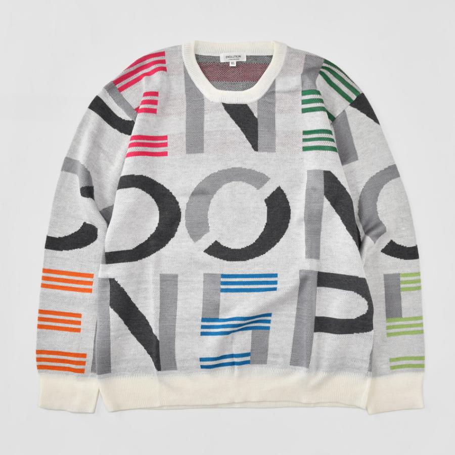 ニット メンズ セーター 長袖 春秋冬 ロゴ 総柄 ハイゲージ クルーネック 韓国ファッション ゴルフウエア モード系 オラオラ系 白 黒 ホワイト ブラック M L X | EVOLUTION | 06