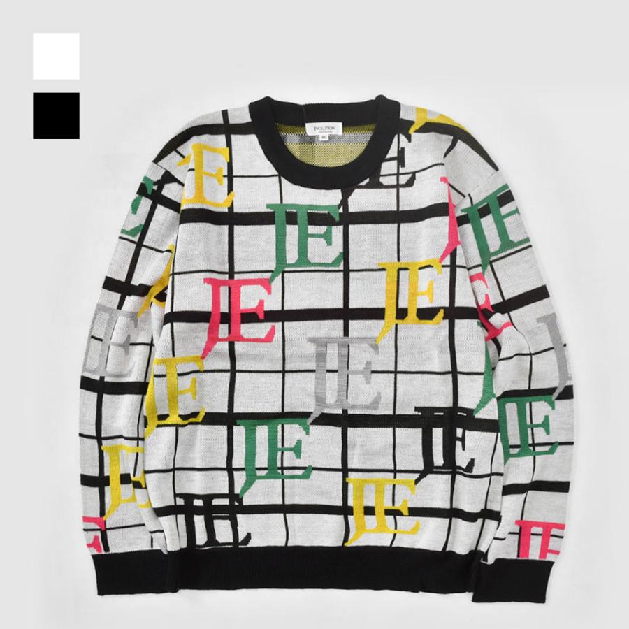 ニット メンズ セーター 長袖 春秋冬 ロゴ 総柄 チクチクしない ハイゲージ クルーネック ゴルフウエア モード ビター オラオラ 白 黒 ホワイト ブラック M L XL | EVOLUTION