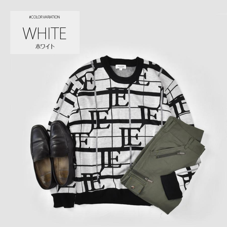 ニット メンズ セーター 長袖 春秋冬 ロゴ 総柄 チクチクしない ハイゲージ クルーネック ゴルフウエア モード ビター オラオラ 白 黒 ホワイト ブラック M L XL | EVOLUTION | 05